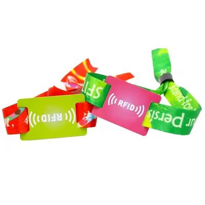 350 * 15 mm Tamaño regular RFID pulseras de tejido de satén con logotipo personalizado e impresión de texto